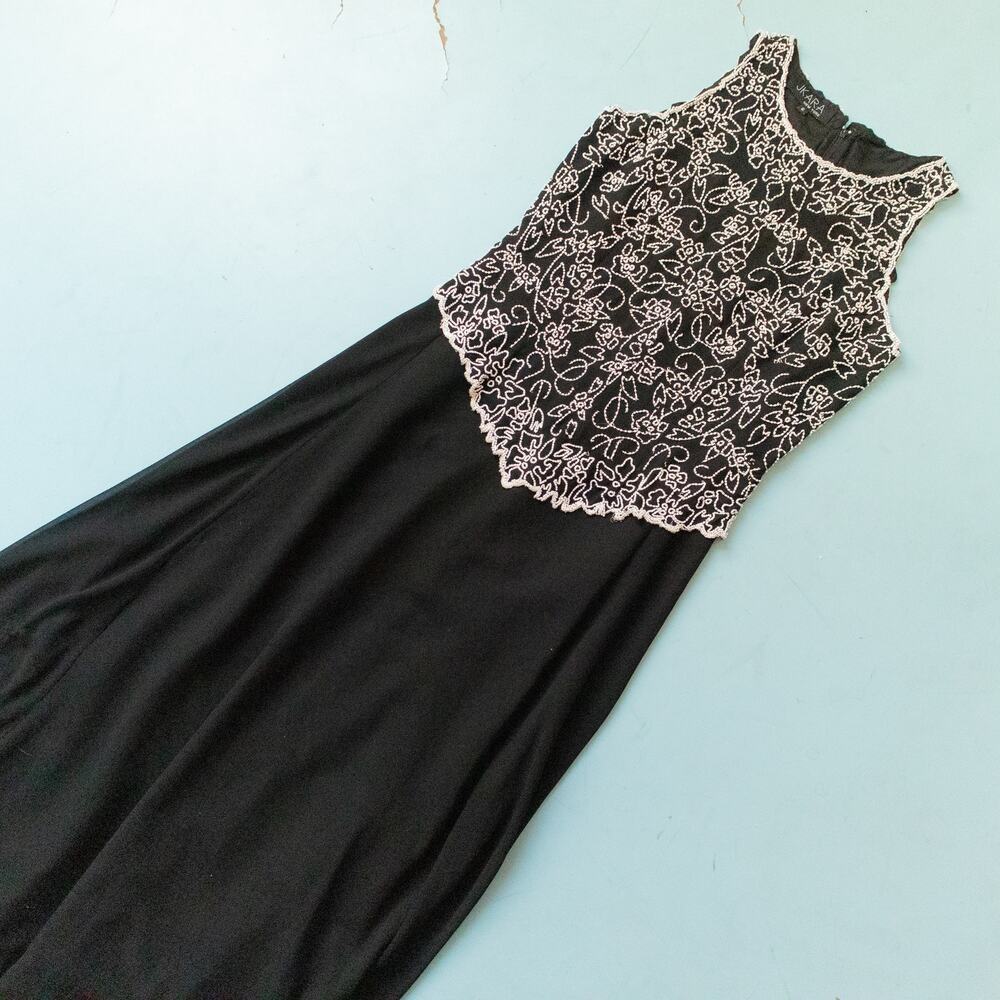 Jkara Black White Beaded Bust Sleeveless Formal Ankle Fit Flare Dress Size 6